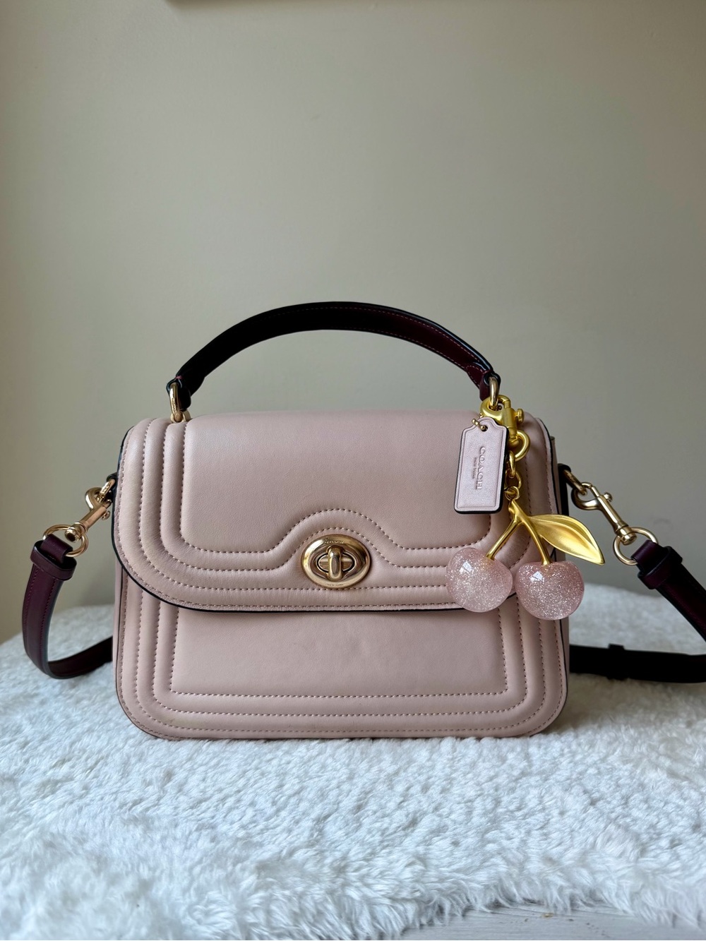 Coach Pink Leather Top-Handle Crossbody with Cherry Charm
